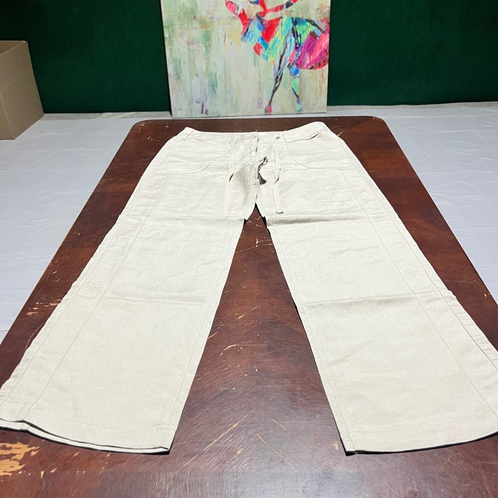 Sandro Beige Linen Blend Wide Leg Trousers Pants Size 6P Mid Rise Drawstring